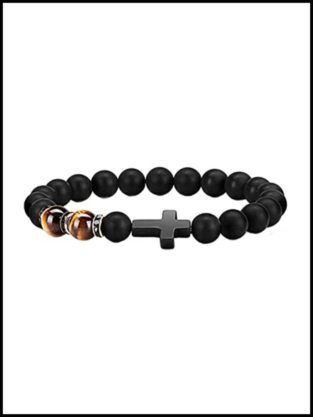 Natural Tiger Eye Stone Beaded Rosary Bracelet for Men Adjustable Stretch Cross